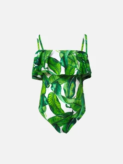 Costume intero da bambina con stampa foglie di banano