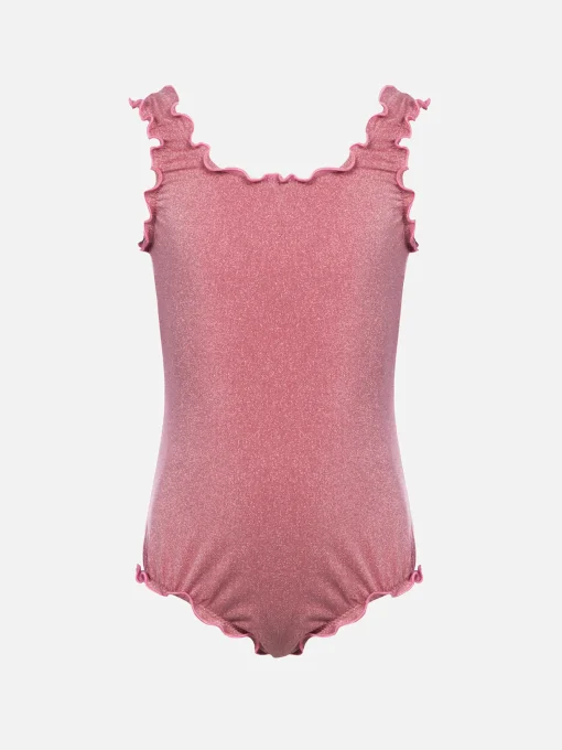 Costume intero da bambina lurex Clio con balza a contrasto