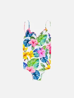 Costume intero da bambina con stampa tropicale
