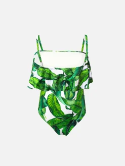 Costume intero da bambina con stampa foglie di banano
