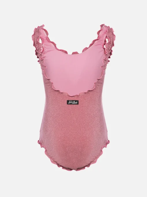 Costume intero da bambina lurex Clio con balza a contrasto