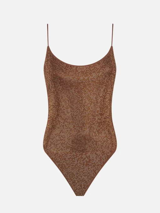 Costume intero da donna con strass tonalità marrone