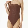 Costume intero da donna monospalla in lurex marrone