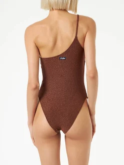 Costume intero da donna monospalla in lurex marrone