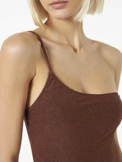 Costume intero da donna monospalla in lurex marrone