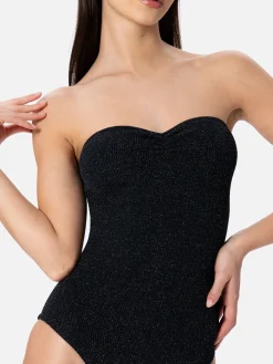 Costume intero da donna senza spalline in lurex nero Soleil