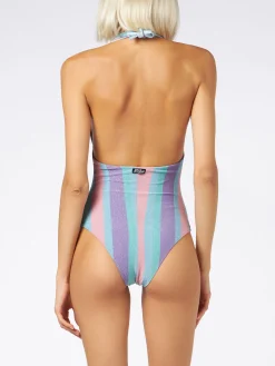 Costume intero in lurex multicolore a righe