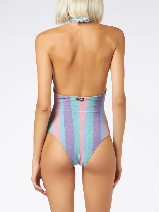 Costume intero in lurex multicolore a righe