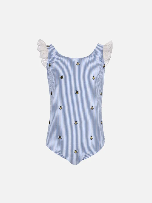 Costume intero Tilda in cotone seersucker da bambina con spalline arricciate