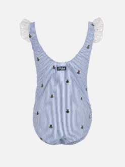 Costume intero Tilda in cotone seersucker da bambina con spalline arricciate