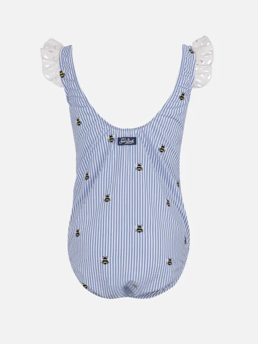 Costume intero Tilda in cotone seersucker da bambina con spalline arricciate