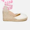 Espadrillas in canvas stampa naturale con zeppa alta e laccio alla caviglia