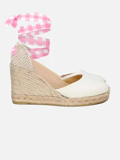 Espadrillas in canvas stampa naturale con zeppa alta e laccio alla caviglia
