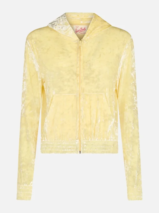 Felpa con cappuccio e cerniera in ciniglia giallo pallido da donna Jasmine