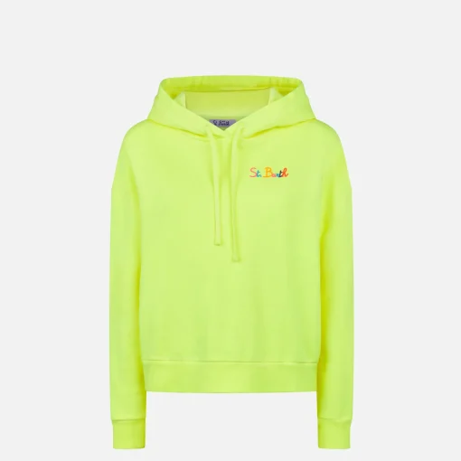 Felpa giallo fluo con cappuccio con ricamo St. Barth