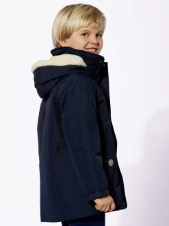 Giacca a vento blu navy con cappuccio da bambino