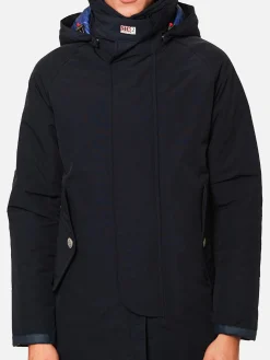 Giacca a Vento con Cappuccio Blu Navy per Uomo