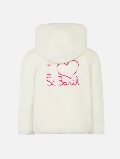 Giacca bianca da bambina con tessuto furry e con ricamo I Love St. Barth
