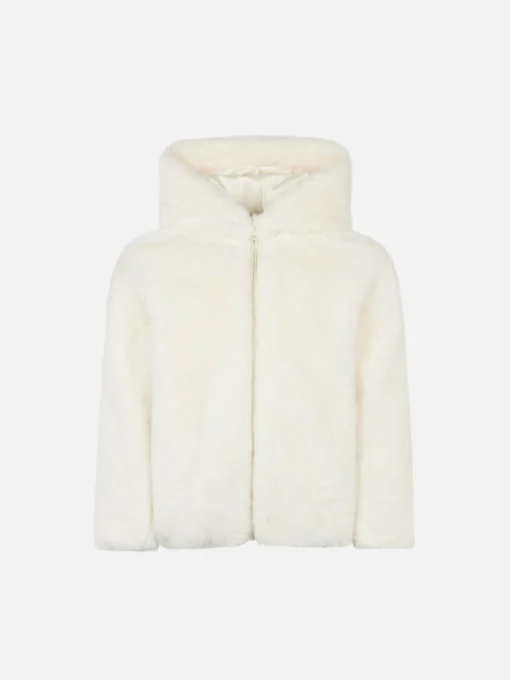 Giacca bianca da bambina con tessuto furry e con ricamo I Love St. Barth