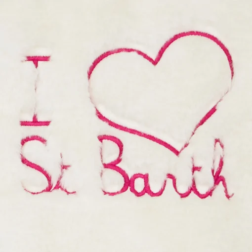 Giacca bianca da bambina con tessuto furry e con ricamo I Love St. Barth