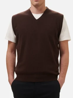 Gilet da uomo in misto cashmere marrone con scollo a V Russel