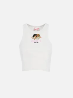 Girl white rib-knit cotton crop tank with Fiorucci print | FIORUCCI SPECIAL EDITION