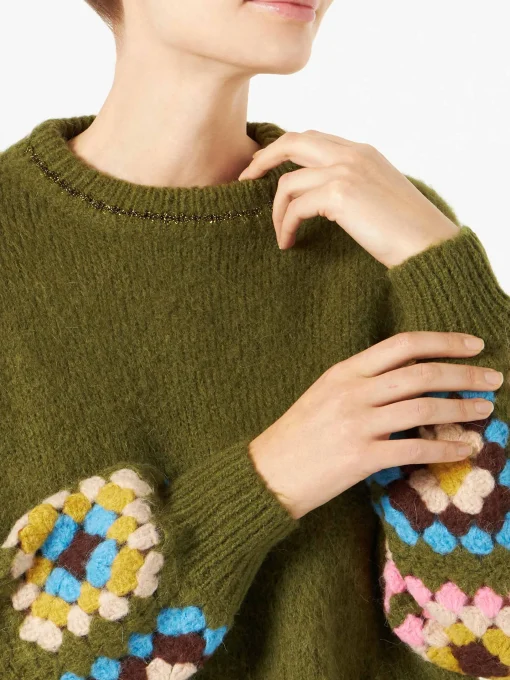 Girocollo da donna ultra morbido con maniche lavorate all'uncinetto