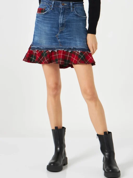 Gonna jeans vintage da donna con dettagli scozzesi