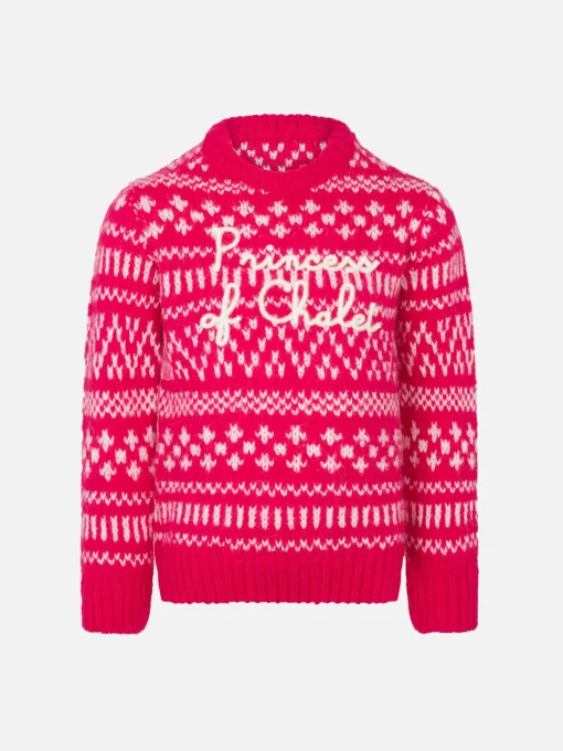 Maglia da bambina girocollo morbida con stampa Fair Isle e ricamo Princess of Chalet