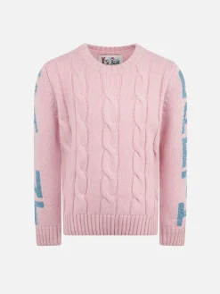 Maglia da bambina girocollo intrecciata con stampa Saint Barth in lurex