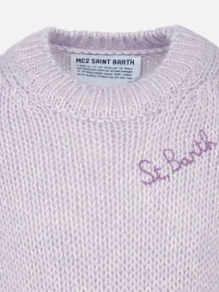 Maglia da bambina girocollo morbida lilla con ricamo St. Barth