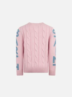 Maglia da bambina girocollo intrecciata con stampa Saint Barth in lurex