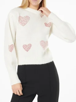 Maglia da donna bianca garzata con cuori in strass
