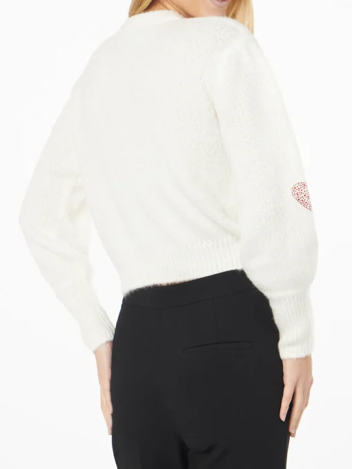Maglia da donna bianca garzata con cuori in strass