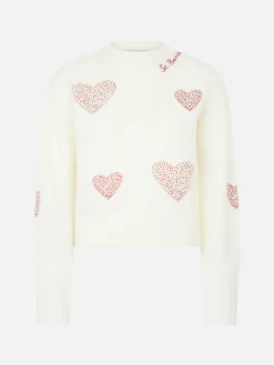 Maglia da donna bianca garzata con cuori in strass