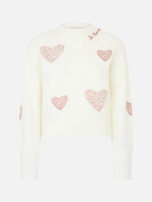 Maglia da donna bianca garzata con cuori in strass
