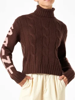 Maglia da donna dolcevita intrecciata marrone