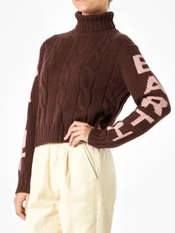 Maglia da donna dolcevita intrecciata marrone