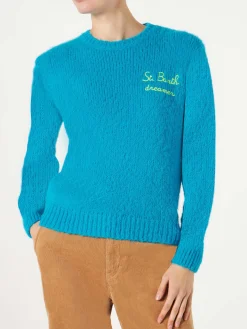 Maglia da donna garzata azzurra con ricamo
