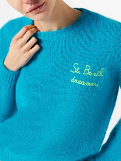 Maglia da donna garzata azzurra con ricamo