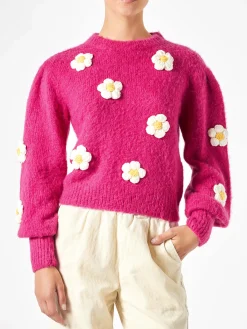 Maglia da donna garzata con applicazioni di fiori all'uncinetto