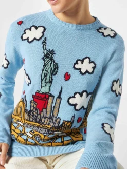 Maglia da donna girocollo con cartolina di New York