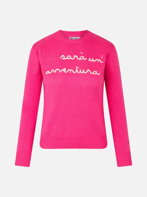 Maglia da donna girocollo rosa fluo con ricamo Non Sarà un'Avventura | EDIZIONE SPECIALE DI NIKI DJ