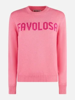 Maglia da donna girocollo rosa con stampa strass Favolosa