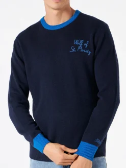 Maglia da uomo blu navy con ricamo Lupo di St. Moritz