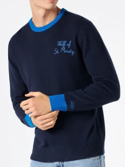 Maglia da uomo blu navy con ricamo Lupo di St. Moritz
