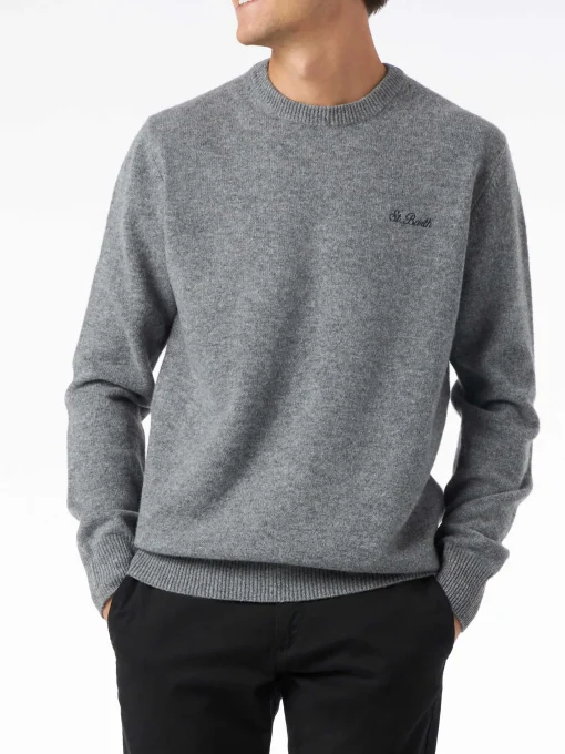 Maglia da uomo girocollo grigia con ricamo St. Barth