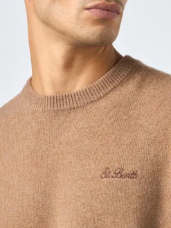 Maglia da uomo girocollo beige con ricamo St. Barth