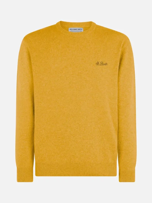 Maglia da uomo girocollo giallo ocra con ricamo St. Barth