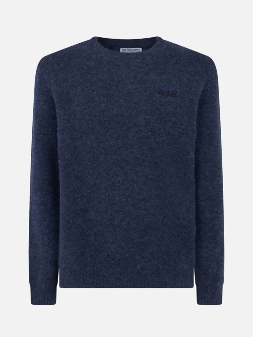 Maglia da uomo in lana stretch blu navy con ricamo St. Barth